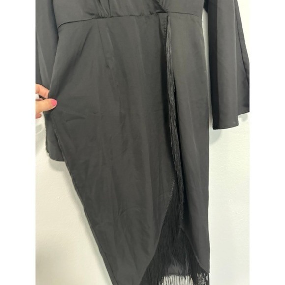 Boohoo Black Satin Long Sleeve Fringe Wrap Maxi Dress UK 14 US 10 - Picture 10 of 12